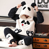 萧淑妃 冬季加厚保暖连帽法兰绒男士睡衣可爱卡通青少年学生加大码珊瑚绒家居服套装 熊猫-白色 L