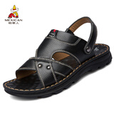 稻草人头层牛皮凉鞋男沙滩鞋男士拖鞋男镂空洞洞休闲男鞋子 黑色 39 