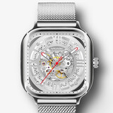 尼尚（Nesun） 男士机械表 全自动镂空男表 防水时尚男潮方形大表盘男士腕表 银灰钢带-9500