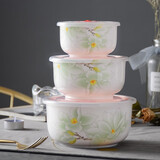 华光国瓷 抗菌骨瓷保鲜碗三件套 保鲜盒釉中彩 一人食泡面碗饭盒带盖 白玉兰