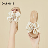 达芙妮坡跟拖鞋女外穿2025夏季新款厚底一字拖女鞋沙滩厚底蝴蝶结凉拖 米色 39