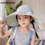 迷人微笑遮阳帽儿童女防晒帽夏天可爱印花可折叠渔夫帽空顶大檐小孩太阳帽女童 浅绿色