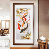 良木新中式九鱼图入户玄关装饰画正对门竖版走廊过道背景墙挂画壁画 B1-九鱼聚财 50*100cm 田园柚木框-玻璃画