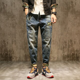 古先森小脚牛仔裤男宽松直筒裤迷彩翻边男士束脚裤春秋季新款休闲长裤子 蓝色 31 【125-135斤】