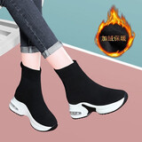 古奇天伦厚底高帮2024春秋季时尚新款弹力袜子鞋女保暖休闲运动鞋女鞋子 9759-1黑色加绒 37