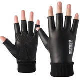 筠尚皮手套男秋冬季加绒保暖触屏防滑防风开车骑行半指漏二指学生户外 半指款 均码