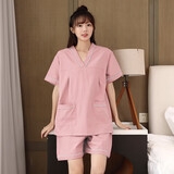 纯棉汗蒸服男新款大码套装足疗家居服睡衣按摩洗浴中心女款浴衣 粉褶女 2XL