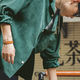 马登工装 美式休闲保龄球衬衫男宽松古巴领外套桃皮绒磨毛长袖衬衣 墨绿 尺码偏大 L 建议160斤-180斤