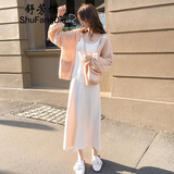 舒芳蝶 连衣裙秋装女2021新款时尚套装女过膝针织连衣裙吊带开衫毛衣长袖收腰显瘦秋冬季两件套套装裙 裸粉色套装 M