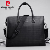 皮尔卡丹男包头层牛皮鳄鱼纹男士公文包休闲商务男式手提包新年情人节礼物 黑色 15.6英寸