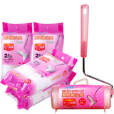 净得丽家居粘尘纸16cm粘毛器除尘纸斜撕可撕式粘尘滚筒衣服滚刷粘毛滚筒 【透明粉】共9卷+1手柄