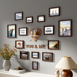 纪恒暄 心形实木照片墙挂墙组合装饰画框婚纱照个性欧式木质像框相片框 14框巧克力色+海天一色