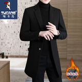 啄木鸟（TUCANO） 秋冬季羊毛呢外套大衣男韩版潮流加厚中长款呢子外套男士风衣 纯色中长款黑色-加棉 2XL（130-145斤）