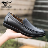七匹狼男鞋真皮透气休闲皮鞋男驾车乐福鞋一脚蹬懒人男皮鞋真皮豆豆鞋男 黑色 43 皮鞋码