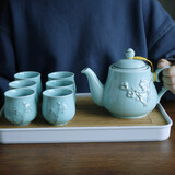 古笙记手工描金景德镇陶瓷提梁壶功夫茶具套装家用现代中式茶壶茶杯茶盘 青瓷侧把壶-日式杯（储水茶盘）