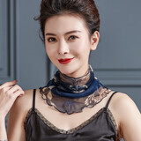 围脖女薄款春秋防晒桑蚕丝脖子假领子真丝围巾套头假领子护颈脖套 藏蓝白花