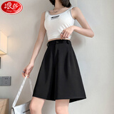 浪莎西装短裤女夏季薄款宽松阔腿裤高腰a字显瘦直筒休闲五分中裤子潮 黑色 L 建议101斤-110斤