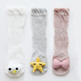 【三双装】稚心新生婴儿长筒袜夏季薄款宝宝防蚊过膝袜子儿童夏天空调袜子宝宝过膝长袜 白色大眼+灰色星星+粉色蝴蝶结网眼过膝袜 0-1岁建议脚长9-12cm