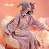安之伴睡裙女秋冬雪花绒保暖加厚长袖开衫连帽可爱少女睡袍家居服 浅灰紫【软糯有弹性-超锁温】 S