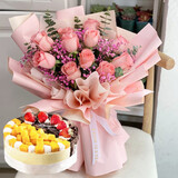 百世今生女朋友老婆生日蛋糕鲜花组合速递同城当天配送北京广州深圳上海 11朵粉玫瑰花束+6寸蛋糕A款