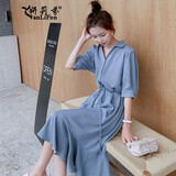 妍莉芬雪纺连衣裙女装夏装新款中长款气质休闲衬衫裙时尚短袖夏天裙子 蓝色 S