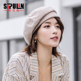 斯普琳 贝雷帽女秋冬季韩版潮网红复古百搭时装帽千鸟格文艺显脸小画家帽英伦八角帽子女 米色