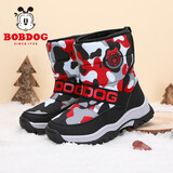 巴布豆（BOBDOG）男童雪地靴冬季新款中大童防滑加绒保暖儿童靴子 黑/红 36 适合脚长22.3cm