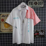 格润欧尚衬衫男2021鲨鱼小怪兽短袖衬衫男生港风潮牌ins夏季半袖上衣 领森V6粉色 3XL