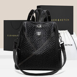 CLEVER & KETCH女士双肩包个性小众轻便防泼水软皮背包上学通勤 生日礼物送女友 黑色