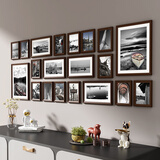 纪恒暄 美式照片墙组合实木客厅创意装饰像框相片横木质装裱套装全家福 巧克力色+黑白风景（20框）