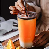 良工匠意 带吸管水杯子大人大容量冰美冷萃咖啡杯水果牛奶茶杯耐热玻璃杯网红ins风透明少女心带盖奶昔杯 550ml英文logo款（吸管杯套）