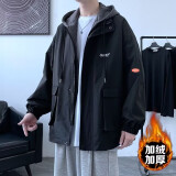 RXEX外套男春秋季潮流韩版宽松休闲衣服男装潮牌假两件工装连帽夹克男 加绒JK303-黑色 XL（店长推荐）