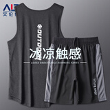 艾伦伯顿（Alen Botun） 运动套装男夏季背心短裤宽松冰丝速干无袖T恤健身跑步篮球服上衣 黑+黑【冰丝套装】 2XL(165-190)斤