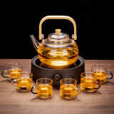 瓷牌茗茶具（cipaiming teaset） 电陶炉煮茶器煮茶壶茶炉家用小型电茶炉加厚耐热玻璃茶壶 竹柄煮茶壶+简约黑电陶炉6彩把杯