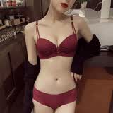 KJ性感内衣女无痕小胸聚拢调整型上托防下垂无钢圈薄款文胸罩 酒红色套装 L 80/36B【中厚聚拢】