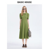 BASIC HOUSE/百家好韩式多色针织Polo连衣裙女2024夏季垂感高腰显瘦长裙子女 绿色 S