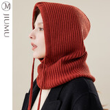 玖慕（JIUMU）帽子围巾一体秋冬纯羊毛连帽围巾脖套两用保暖针织毛线帽 MY030 铁锈红