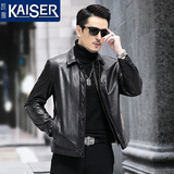 凯撒（KAISER）真皮皮衣男 海宁油蜡小牛皮短款商务休闲翻领中青年单装夹克外套 黑色（加桑蚕丝可脱卸内胆） XL (175)  适合体重130-145斤