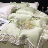 曼克顿140支冰丝贡缎刺绣四件套 轻奢纯色床单被套可裸睡床上用品 luo意威-绿 四件套1.5/1.8床（被套200*230）