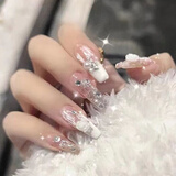 儿童穿戴式美甲贴片可拆卸穿戴美甲贴片学生显白ins短款甲片成品定制 769立体白色山茶花长款 普通24粒果冻胶+胶水+打磨棒