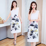 米嘟尔夏季棉绸睡裙加肥加大码妈妈中老年人造棉睡衣薄款背心无袖家居裙 白色水墨荷塘(古典MC裙) 2XL 适合80到130斤左右