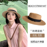 妆羽婉2025新款法式平顶草帽女款大头围平檐海边沙滩度假礼帽大码编织帽 1#凹顶黑-升级款软顶【帽檐8CM】