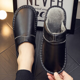 贝蒂语海宁真皮面棉拖鞋秋冬居家室内男女厚底防水防滑保暖牛皮托鞋家用 四拼黑色 28 (适合40-41)