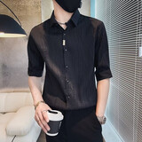 逐梦颜衬衫男士夏季新款外套修身冰丝条纹百搭衬衣长五分袖潮牌痞帅纯色 黑色T60 XL