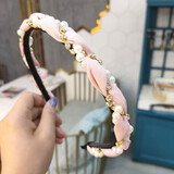 松窗梦语 发箍女网红头饰发卡发箍发卡珍珠镶钻波浪形布艺头箍韩范儿十足 粉色