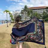 瑞玻尔民族风围巾超大防晒披肩夏季薄款外搭丝巾女士百搭海边纱巾沙滩巾 藏青 195*95cm左右