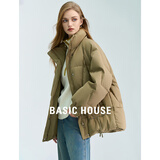 百家好/百家好短款立领轻薄白鸭绒羽绒服女2024冬季新款抽绳设计面包服 卡其 L