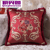 倾贝园 欧式奢华沙发靠垫抱枕套客厅酒店会所靠背含芯汽车红木提花腰靠 幸福绽放酒红色//须边 含枕芯 48*48cm600克