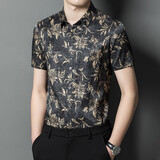 CJZ衬衫男短袖桑蚕丝商务印花中年爸爸绸缎轻奢高档真丝衣服花衬衣男 黑色 L (175)