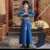 喵驼儿童汉服男童汉服男童唐装古装儿童汉服男中国风儿童少爷学生汉服 蓝色+扇子+靴子+配剑 140cm